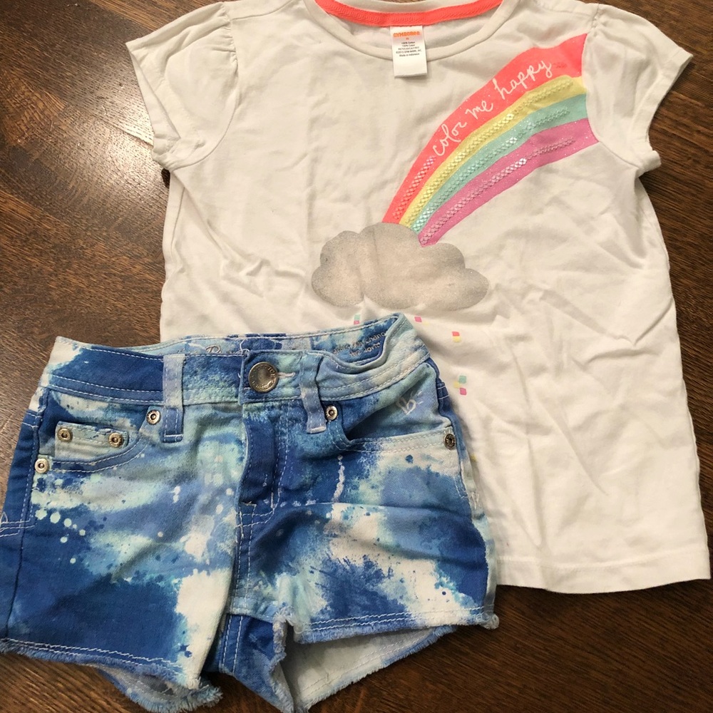 Justice blue shorts/Gymboree cloud & rainbow shirt
